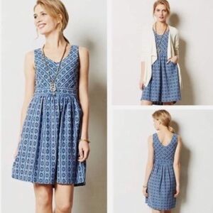 Anthropologie Maeve Blue Aztec Print Double V-Neck Fit & Flare Dress Sz Medium